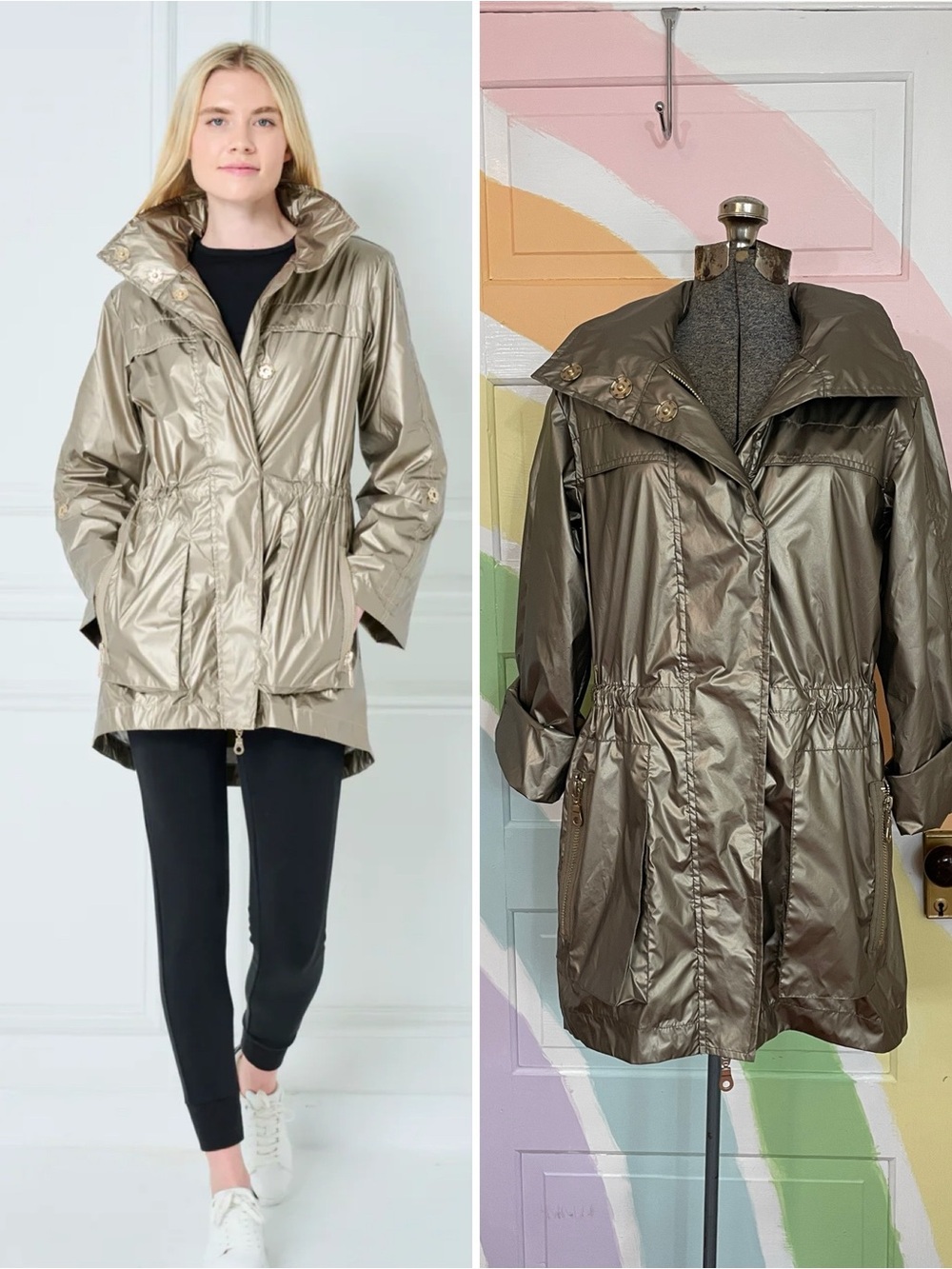 My Anorak Gold Metallic Rain Jacket Adjustable Waist Packable Hood Sz S 🧡🎀